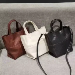 Design Retro Minimalist Women’s Genuine Leather Handbag Tote Bag Shoulder Crossbody Handbag with Top Handles Detachable Strap