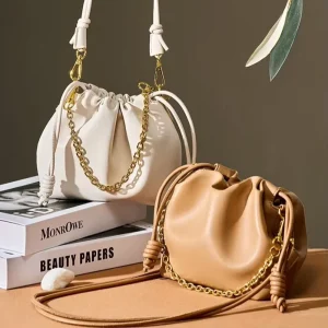 Designer Bags Women Genuine Leather Clutch Purse Women’s Shoulder Bag Factory OEM ODM Drawstring Surprise Bag in Cloud Design