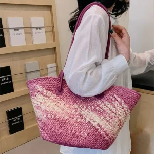 Designer Color Matching Straw Bag Color Block Strip Straw Shoulder Bag Large Capacity Basket Bag for Beach Vacation
