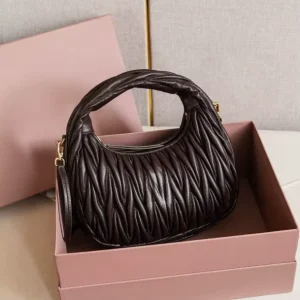 Designer Ladies’ Genuine Leather Brown Zipper Closure Single Strand Strap Crescent Hobo Handbag Pleated Cloud Crossbody Bag