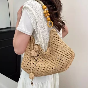 Designer Openwork Crochet Tote Bag Lightweight Tassel Large Capacity Straw Woven Shoulder Handbag