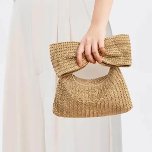 Designer Oversized Bow Straw Zip Clutch Summer Beach Straw Bow Purse for Women Trendy Woven Handheld Bag