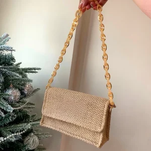 Designer Shoulder Bags Women Premium Woven Fabric Handbags Cross Border Trend Straw Weaving Dual Strap Chain Crossbody
