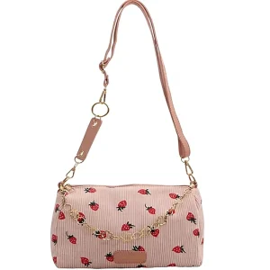 Designer Women’s Cute Crossbody Tote Bag Single Strap Strawberry Pattern Corduroy Zipper Closure Fashion Chain