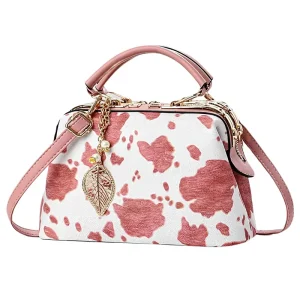 Designer Women’s PU Leather Cow Print Pearl Handbag Top Handle Satchel Purse Crossbody Strap Zipper Fashion Tote