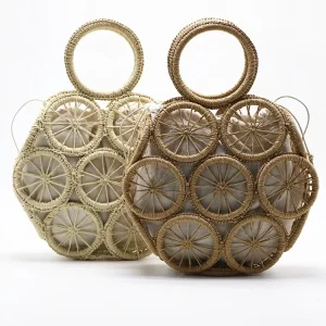 Diamond Hollow Straw Bags Fashion Round Handle Woven Straw Bag Summer Beach Handbag