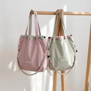Drawstring Tote Bag for Women Large Shoulder Handbag with Adjustable Crossbody Strap Lightweight Nylon Tote