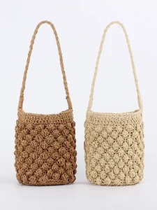Drop Ship Round Cylinder Handbag Cute Bucket Paper Rope Woven Bag Beach Vacation Ladies Purse