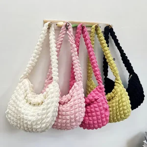 Durable Canvas Crossbody Shoulder Bag with Pleated Design Quilted Tote Bags for Women Waterproof Zipper Closure