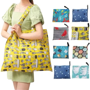 Durable New Design Polyester Reusable Grocery Shopping Tote Foldable Bags with Pouch