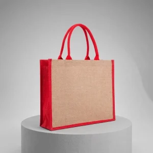 Eco Friendly Custom Logo Jute and Linen Beach Tote Bags Reusable Vintage Red Tote Bag Packaging with Laminated Finish