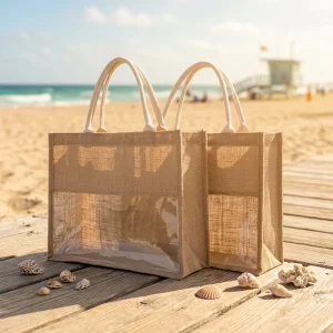 Eco Friendly Custom Logo Laminated Organic Cotton Jute Linen Reusable Drawstring Beach Tote Bags Transparent Film