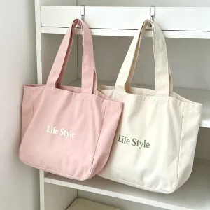 Eco Friendly Durable Reusable Organic Canvas Handled Tote Bag Shoulder Closure Custom Logo Printed Large For Grocery Shopping