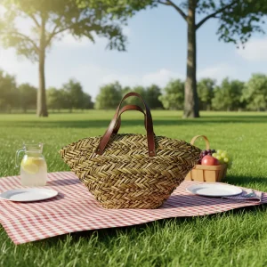 Eco Friendly Fashion Large Shoulder Tote Bags Women Handwoven Straw Beach Bag Zipper Polyester Geometric Two Handles