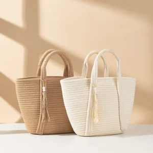 Eco Friendly Large Capacity Cotton Rope Versatile Rest Tote Handbag With Tassel Holiday Summer Beach Bag