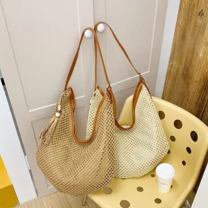 Eco Friendly Large Capacity Lightweight Breathable Straw Bag with Open Closure and Polyester Lining for Women Beach Travel