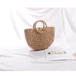 Eco Friendly Large Capacity Women’s Fashion Woven Straw Shopping Bag Flowers Portable Half Moon Shape Cotton Lining Summer Beach