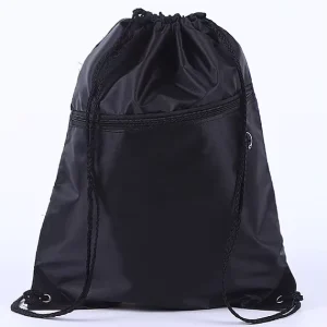 Eco-Friendly Polyester Drawstring Shopping Bag with Zip Pocket for Sports and Travel