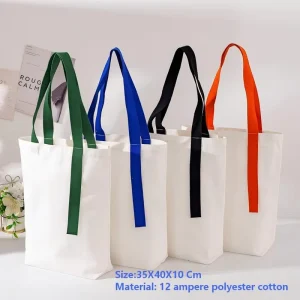 Eco Friendly Reusable Foldable Travel Shopping Custom Logo Contrast Shoulder Strap Thickened Cotton Pull Closure Medium Size Bag