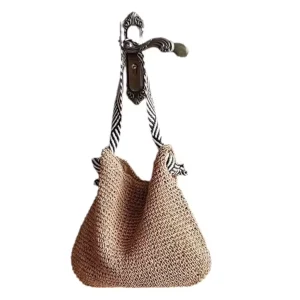 Eco Friendly Straw Paper Shoulder Bag Open Pocket with Magnetic Closure Versatile Beach & Weekend Bag for Women Khaki Beige
