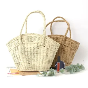 Eco Friendly Straw Woven Handmade Tote Bag with Embroidery Large Capacity Shopping Basket Polyester Lining Vintage Fashion Style