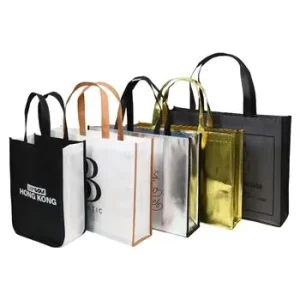 Eco Recyclable Reusable Gold Non Woven Premium Clothes Boutique Luxury Metallic Shopping Bag Custom Logo for Exhibition