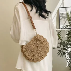 Eco Round Paper Straw Bag Circular Bohemian Shoulder Purse Nature Inspired Woven Tote for Women Forest Beach Vacation Style