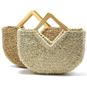 Eco friendly Extra Large Handmade Women Summer Beach Paper Straw Tote Bag Handbag with Square Wooden Handle