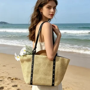 Eco friendly Straw Shoulder Bag Straw Bag Handbags Straw Bag With Leather Handle for Summer Vocation