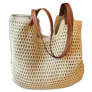 Eco friendly Women’s Woven Straw Open Top Two Handle Beach Summer Seaside Vacation Woven Beach Bag Tote Shoulder Bag