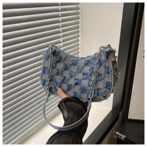 Edgy Denim Black Checkered Gradient Star Shoulder Bag 2-in-1 Versatile Mini Square Purse Chic Chain Mini Purse for Women
