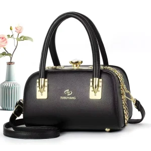 Elegant Boston Handbag Women PU Leather Top Handle Bag with Metal Frame Chain Strap Shoulder Crossbody Purse