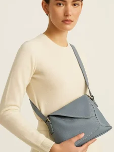 Elegant Gray Blue Fashion Women’s Shoulder Bag Single Strap Genuine Leather Waterproof ZIP Closure High Quality Sling Bag