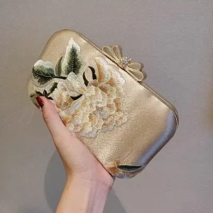 Elegant Ladies Twistedrope Head Braided Golden Peony Flower Embroidered Clutch Bag Vintage Small Square Banquet Evening Bag