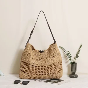 Elegant Large Capacity Straw Tote Bag New Fashion Hollow Flower Woven Handbag Beach Vacation Summer Shoulder Purse