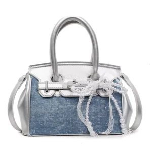 Elegant Mini Satchel Bag Bow Decor Shiny Silver Hardware Soft Denim Office Work Chic Crossbody Handbag