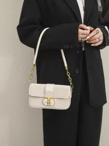 Elegant Retro Flap Gold Tone Metal Twist Lock Closure Cream Colored Mini Shoulder Bag for Women
