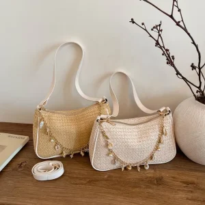 Elegant Shell Chain Straw Woven Handbag Fashion Adjustable Shoulder Crossbody Bag for Ladies Daily Outing