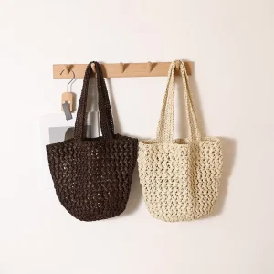 Elegant Simple Bucket Straw Woven Bag Large Capacity Shoulder Bag Fashion Versatile Handbag for Beach Vacation