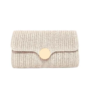 Elegant Straw Envelope Clutch Organize Hold Round Metal Button Summer Beach Vacation Sleek Casual Stylish Evening Bags