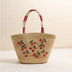 Embroidered Cherry Straw Shoulder Bag Large Capacity Wheat Woven Tote Beach Vacation Handmade Purse