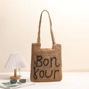 Embroidered Letter Straw Shoulder Tote Bag Large Capacity Hollow Woven Bag Summer Vacation Beach Bag for Women