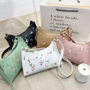 Embroidered PU Fresh Sweet Ladies’ Underarm Hobo Shoulder Bag Fashionable Minimalist Zipper Closure Single Strand Strap