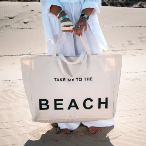 Environmentally Friendly Large Capacity Weekend Custom Beach Canvas Handbag Shopping Bag Durable Double Handles Letter Pattern