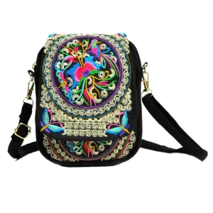 Ethnic Style Women’s Mini Crossbody Bag with Embroidery Flip Cover Portable Mobile Phone Change Feature Fashionable