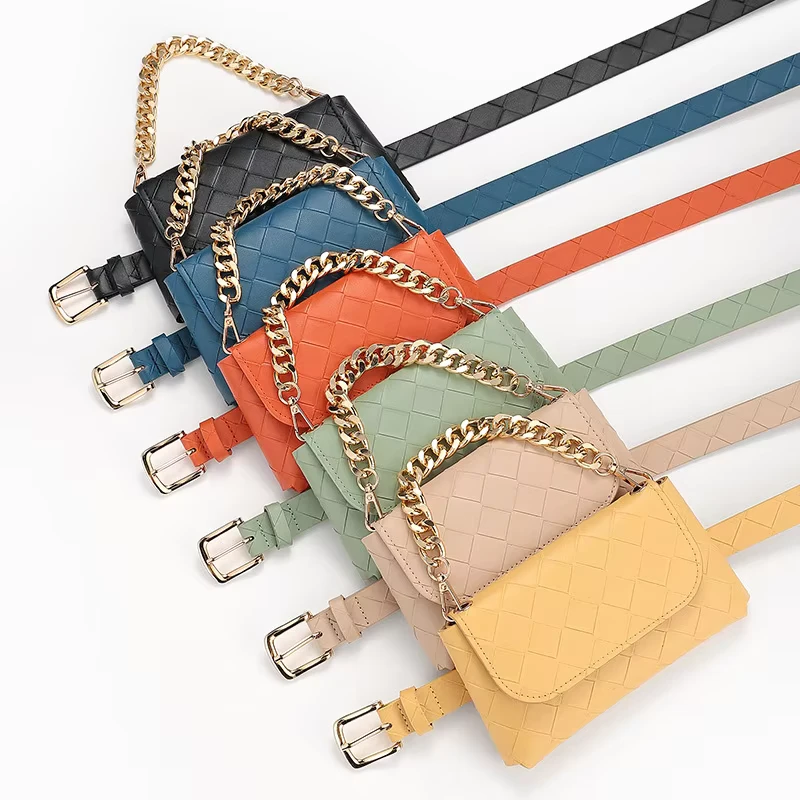 Europe America Lattice Grain Casual Chain Belt Bag PU Leather Lady Candy Color Belt Bag Women Fanny Pack