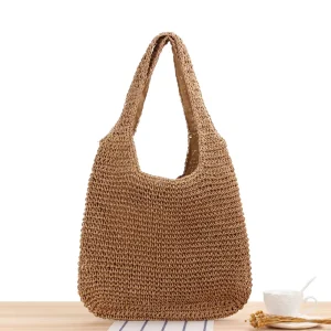 European American Large Capacity Casual Beach Bag Handmade Crochet Single Shoulder Paper Rope Woven Zip Fashionable Polyester