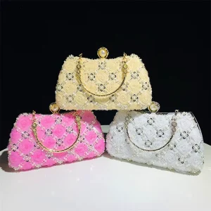 European American Luxury Elegant Beaded Chain Shoulder Purse for Bride Bridesmaid Ladies Formal Dinner Evening Bag