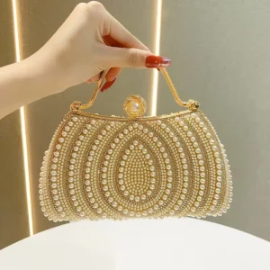 European and American Ladies’ Pearl Evening Party Bag Formal Dress Bag with Diamonds Clutch Bag Handbag Wallet Evening Tote Bag