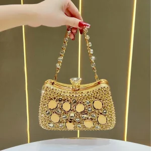 Evening Clutch Bag with Hollow-Out Design Diamond Embellishments Chain Strap Crossbody Bag for Women Polyester Lock Closure